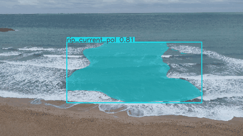 YOLOv8 rip current detection — segmentation mask tracking the hazard zone across UAV video frames